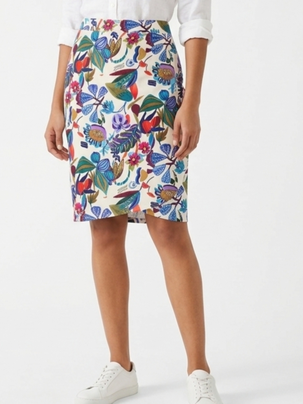 Ripskirt Hawaii Cream Floral Pencil Skirt with Blue, Green & Red Motifs